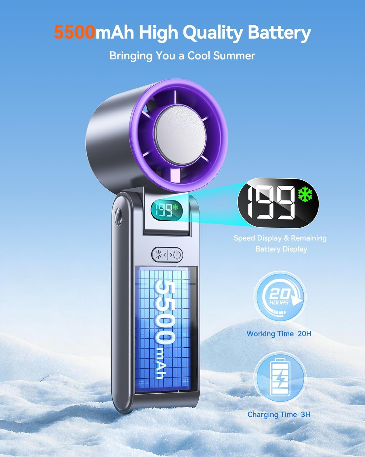 Portable Handheld Fan with Ice Cooler, 199 Speed Personal Fan,5500Mah Rechargeable,20H Cooling Time,20000 RPM Powerful Motor, Summer Essential for Travel/Outdoor/Office, Grey Purple